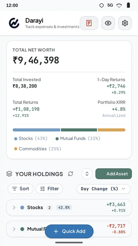 Darayi dashboard showing total net worth, invested amount, returns, XIRR and an allocation bar for stocks, mutual funds and commodities